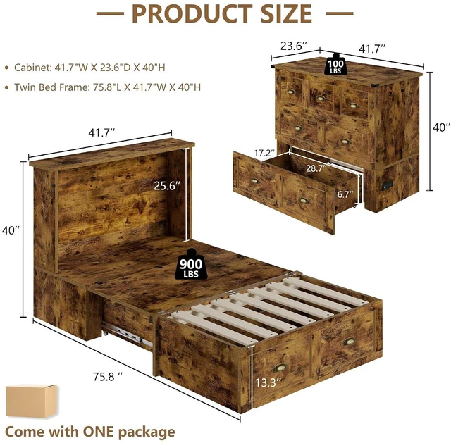 Alt view image 3 of 7 - Twin Size Murphy Bed, Farmhouse Wooden Cabinet with Charging Station and Storage Drawer for Bedroom/Office/Guest Room, Rustic Brown