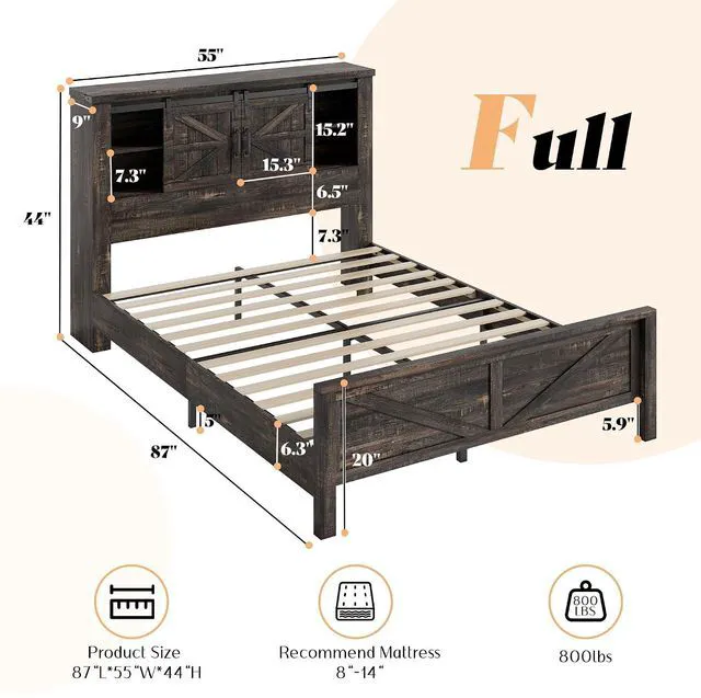 Alt view image 3 of 7 - 4 Pieces Farmhouse Bedroom Set, Includes Full Size Bookcase Headboard Bed Frame, 5 Drawer Tall Dresser, 47'' Dresser with 4 Drawers, 60" Dresser with 4 Drawers, Black Oak