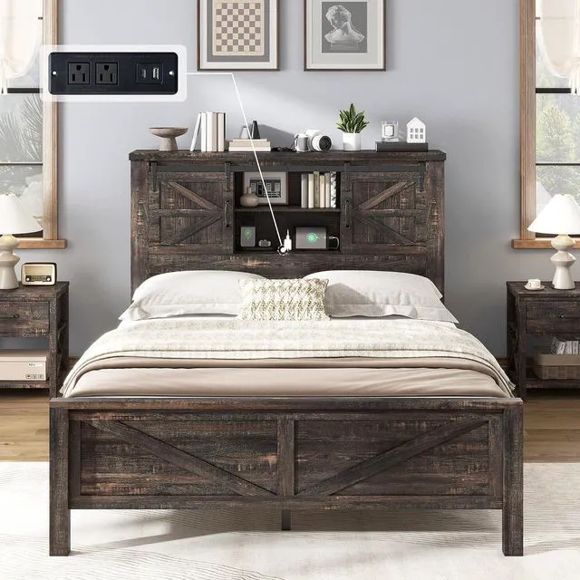 Alt view image 2 of 7 - 4 Pieces Farmhouse Bedroom Set, Includes Full Size Bookcase Headboard Bed Frame, 5 Drawer Tall Dresser, 47'' Dresser with 4 Drawers, 60" Dresser with 4 Drawers, Black Oak