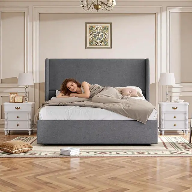 Alt view image 2 of 7 - King Size Lift Up Storage Bed Frame with 51.2" Wingback Headboard, Linen Upholstered Platform Bed, Hydraulic Support System, Reinforced Metal Structure, No Box Spring Needed, Dark Grey