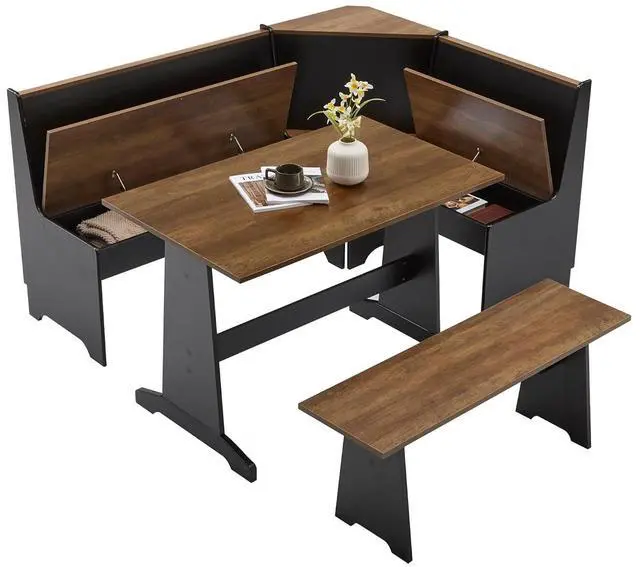 Alt view image 3 of 7 - Corner Dining Set with Storage, 3 Piece Breakfast Nook, Black Oak | 3 Pieces Dining Set for Small Spaces, Hidden Storage, L Shaped Layout, Space Saving Furniture, Kitchen Dining Area