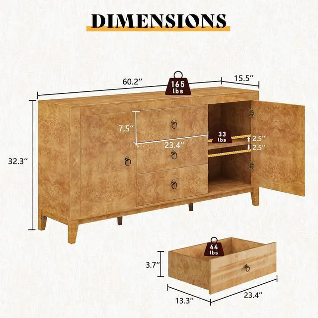 Alt view image 2 of 7 - 60" High Gloss Burl Buffet Sideboard Storage Cabinet, Large Wood Sideboard with Drawers, Retro Handles, Heavy Duty Coffee Wine Bar Buffet Table for Dining Room, Living Room, Yellow