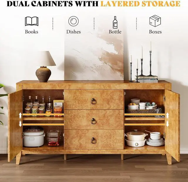 Alt view image 4 of 7 - 60" High Gloss Burl Buffet Sideboard Storage Cabinet, Large Wood Sideboard with Drawers, Retro Handles, Heavy Duty Coffee Wine Bar Buffet Table for Dining Room, Living Room, Yellow