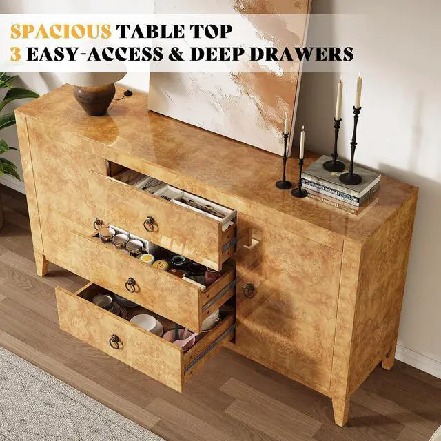 Alt view image 3 of 7 - 60" High Gloss Burl Buffet Sideboard Storage Cabinet, Large Wood Sideboard with Drawers, Retro Handles, Heavy Duty Coffee Wine Bar Buffet Table for Dining Room, Living Room, Yellow
