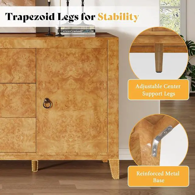 Alt view image 6 of 7 - 60" High Gloss Burl Buffet Sideboard Storage Cabinet, Large Wood Sideboard with Drawers, Retro Handles, Heavy Duty Coffee Wine Bar Buffet Table for Dining Room, Living Room, Yellow