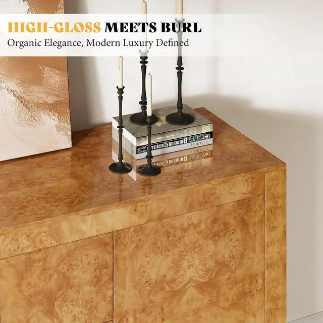 Alt view image 5 of 7 - 60" High Gloss Burl Buffet Sideboard Storage Cabinet, Large Wood Sideboard with Drawers, Retro Handles, Heavy Duty Coffee Wine Bar Buffet Table for Dining Room, Living Room, Yellow