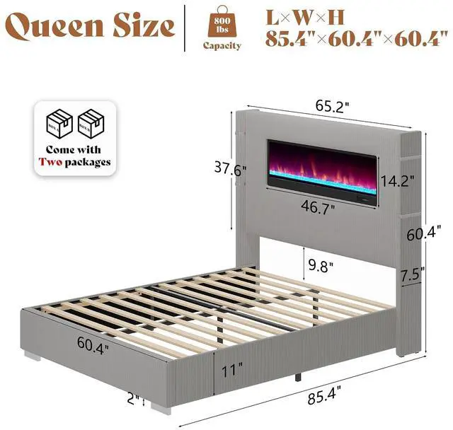 Alt view image 2 of 7 - Modern Queen Size Bed Frame with Fireplace, Corduroy Upholstered Bed Frame with 60.4 Extra Tall Headboard, Wingback Platform Bed Frame Wooden Slats/No Box Spring Needed, Greige