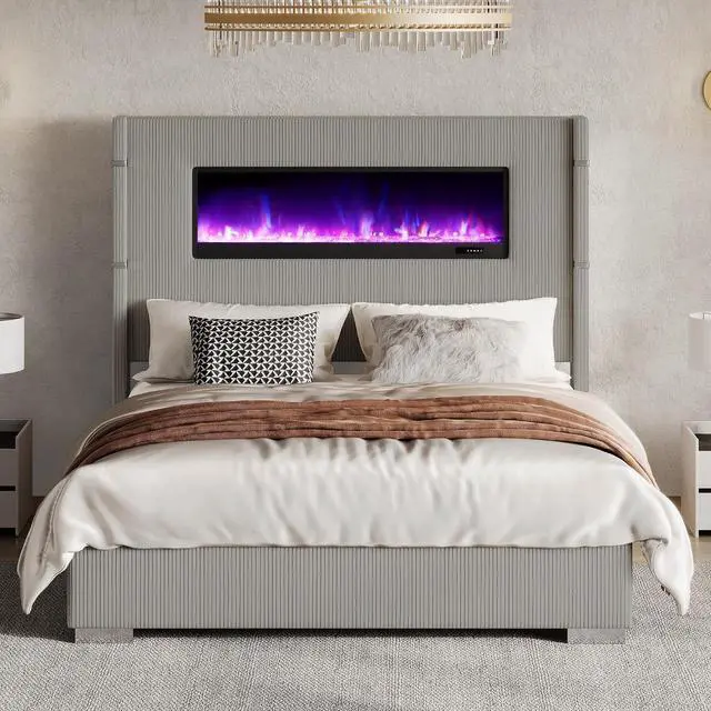 Main image of Modern Queen Size Bed Frame with Fireplace, Corduroy Upholstered Bed Frame with 60.4 Extra Tall Headboard, Wingback Platform Bed Frame Wooden Slats/No Box Spring Needed, Greige