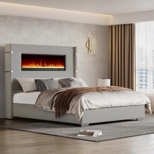 Alt view image 3 of 7 - Modern Queen Size Bed Frame with Fireplace, Corduroy Upholstered Bed Frame with 60.4 Extra Tall Headboard, Wingback Platform Bed Frame Wooden Slats/No Box Spring Needed, Greige