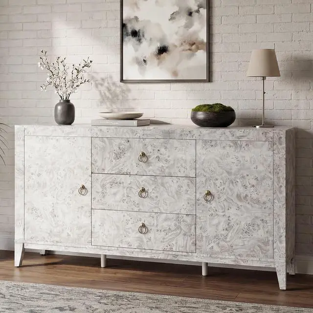 Main image of 60" High Gloss Burl Buffet Sideboard Storage Cabinet, Large Wood Sideboard with Drawers, Retro Handles, Heavy Duty Coffee Wine Bar Buffet Table for Dining Room, Living Room, Grey