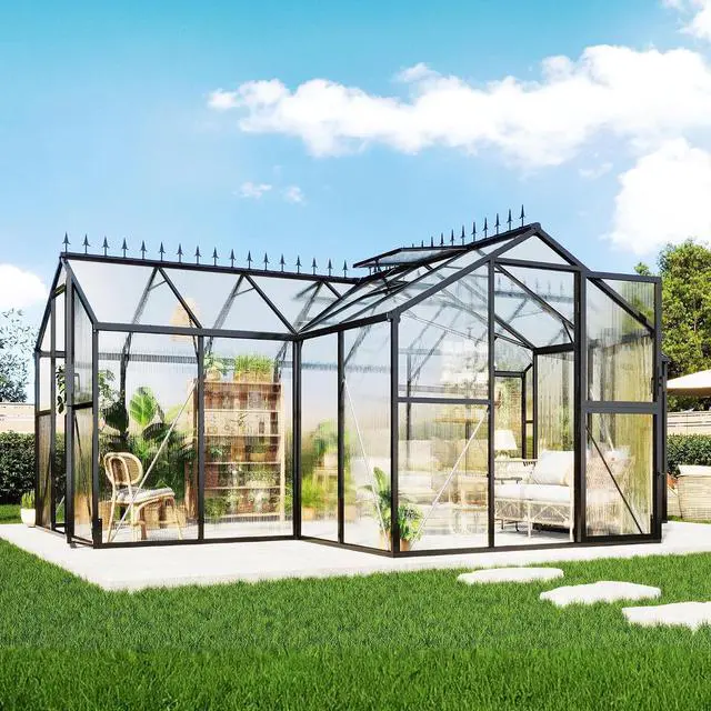 Main image of 16.8 x 12 x 7 FT Outdoor Walk-in Greenhouse, Quick-Lock Assembly, Aluminum Frame with 2 Roof Vents, Double Doors & T-Shaped Design for Backyard/Garden, Black