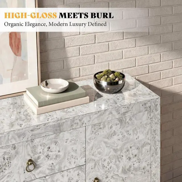 Alt view image 5 of 7 - 60" High Gloss Burl Buffet Sideboard Storage Cabinet, Large Wood Sideboard with Drawers, Retro Handles, Heavy Duty Coffee Wine Bar Buffet Table for Dining Room, Living Room, Grey