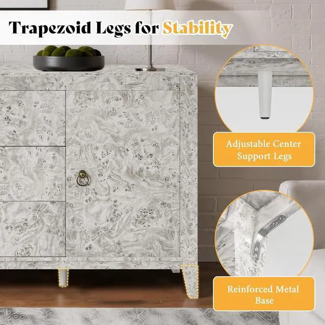 Alt view image 6 of 7 - 60" High Gloss Burl Buffet Sideboard Storage Cabinet, Large Wood Sideboard with Drawers, Retro Handles, Heavy Duty Coffee Wine Bar Buffet Table for Dining Room, Living Room, Grey