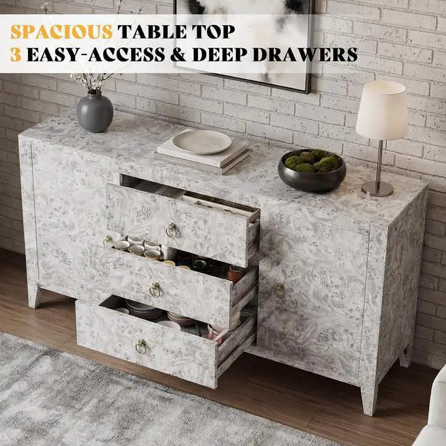 Alt view image 3 of 7 - 60" High Gloss Burl Buffet Sideboard Storage Cabinet, Large Wood Sideboard with Drawers, Retro Handles, Heavy Duty Coffee Wine Bar Buffet Table for Dining Room, Living Room, Grey