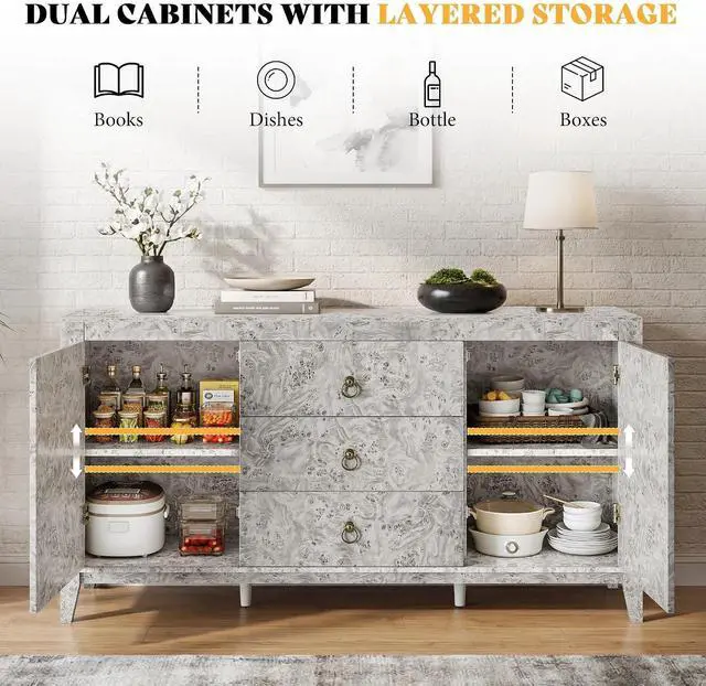 Alt view image 4 of 7 - 60" High Gloss Burl Buffet Sideboard Storage Cabinet, Large Wood Sideboard with Drawers, Retro Handles, Heavy Duty Coffee Wine Bar Buffet Table for Dining Room, Living Room, Grey