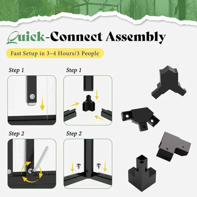 Alt view image 3 of 7 - 16.8 x 12 x 7 FT Outdoor Walk-in Greenhouse, Quick-Lock Assembly, Aluminum Frame with 2 Roof Vents, Double Doors & T-Shaped Design for Backyard/Garden, Black