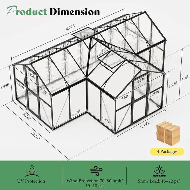 Alt view image 2 of 7 - 16.8 x 12 x 7 FT Outdoor Walk-in Greenhouse, Quick-Lock Assembly, Aluminum Frame with 2 Roof Vents, Double Doors & T-Shaped Design for Backyard/Garden, Black