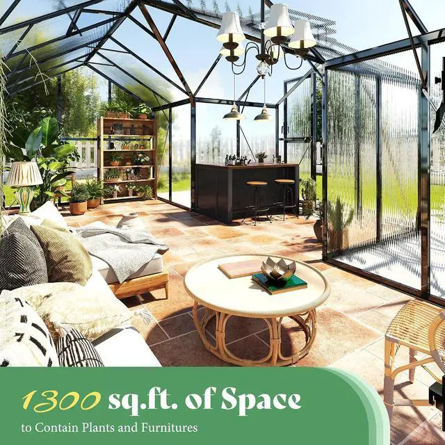 Alt view image 4 of 7 - 16.8 x 12 x 7 FT Outdoor Walk-in Greenhouse, Quick-Lock Assembly, Aluminum Frame with 2 Roof Vents, Double Doors & T-Shaped Design for Backyard/Garden, Black