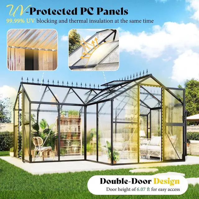 Alt view image 7 of 7 - 16.8 x 12 x 7 FT Outdoor Walk-in Greenhouse, Quick-Lock Assembly, Aluminum Frame with 2 Roof Vents, Double Doors & T-Shaped Design for Backyard/Garden, Black