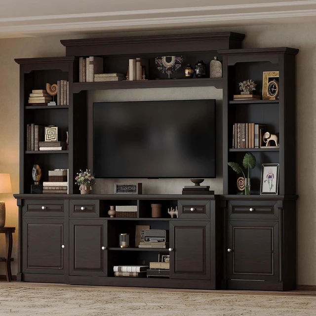 Main image of 102.8" Wall Unit Entertainment Center with Bookshelves for TVs up to 65", Multifunctional TV Stand Media Console with Cabinet & Storage Drawer & Adjustable Shelf for Living Room, Dark Walnut