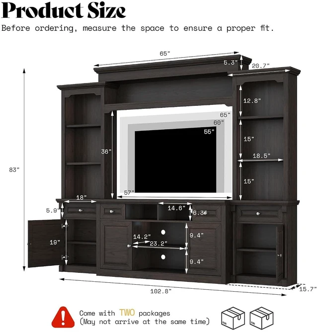 Alt view image 2 of 7 - 102.8" Wall Unit Entertainment Center with Bookshelves for TVs up to 65", Multifunctional TV Stand Media Console with Cabinet & Storage Drawer & Adjustable Shelf for Living Room, Dark Walnut