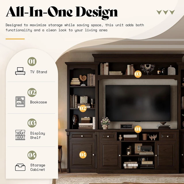 Alt view image 3 of 7 - 102.8" Wall Unit Entertainment Center with Bookshelves for TVs up to 65", Multifunctional TV Stand Media Console with Cabinet & Storage Drawer & Adjustable Shelf for Living Room, Dark Walnut