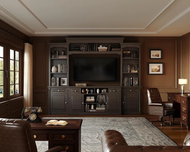 Alt view image 7 of 7 - 102.8" Wall Unit Entertainment Center with Bookshelves for TVs up to 65", Multifunctional TV Stand Media Console with Cabinet & Storage Drawer & Adjustable Shelf for Living Room, Dark Walnut