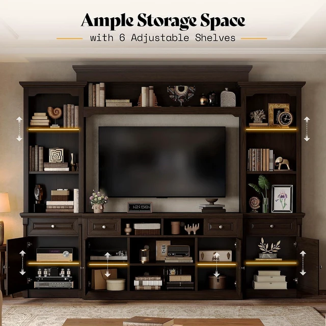 Alt view image 4 of 7 - 102.8" Wall Unit Entertainment Center with Bookshelves for TVs up to 65", Multifunctional TV Stand Media Console with Cabinet & Storage Drawer & Adjustable Shelf for Living Room, Dark Walnut