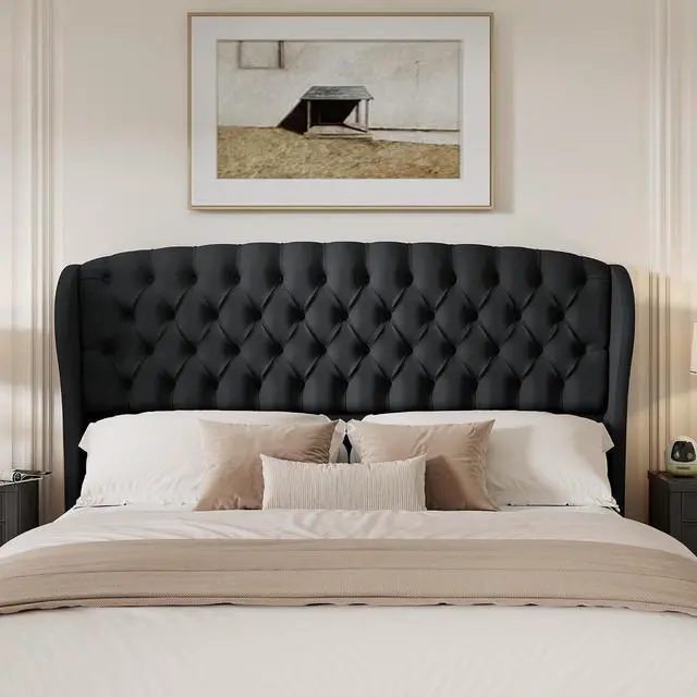 Main image of Full/Queen Headboard Only, Velvet Upholstered Wingback, Black | velvet upholstery, deep button tufted, curved wingback design, King/Cal King compatible, easy assembly, contemporary bedroom