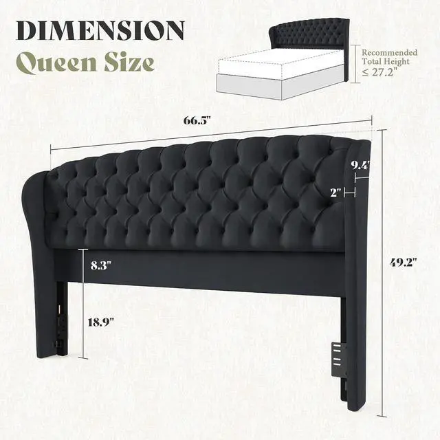 Alt view image 2 of 7 - Full/Queen Headboard Only, Velvet Upholstered Wingback, Black | velvet upholstery, deep button tufted, curved wingback design, King/Cal King compatible, easy assembly, contemporary bedroom