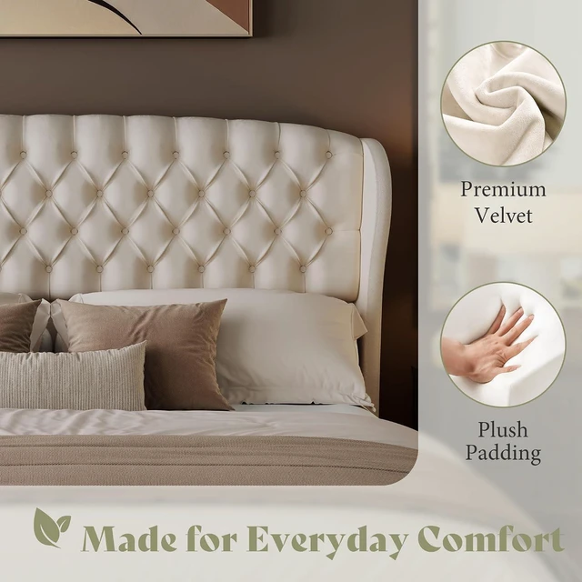 Alt view image 6 of 7 - King/Cal King Headboard Only, Velvet Upholstered Wingback, Cream | velvet upholstery, deep button tufted, curved wingback design, King/Cal King compatible, easy assembly, contemporary bedroom