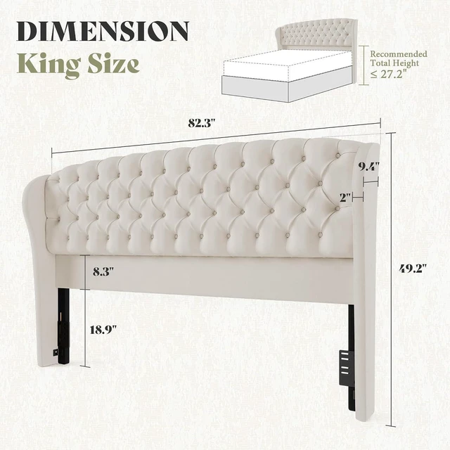 Alt view image 2 of 7 - King/Cal King Headboard Only, Velvet Upholstered Wingback, Cream | velvet upholstery, deep button tufted, curved wingback design, King/Cal King compatible, easy assembly, contemporary bedroom
