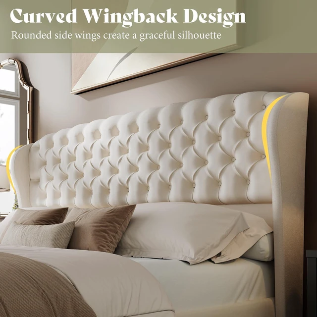 Alt view image 3 of 7 - King/Cal King Headboard Only, Velvet Upholstered Wingback, Cream | velvet upholstery, deep button tufted, curved wingback design, King/Cal King compatible, easy assembly, contemporary bedroom