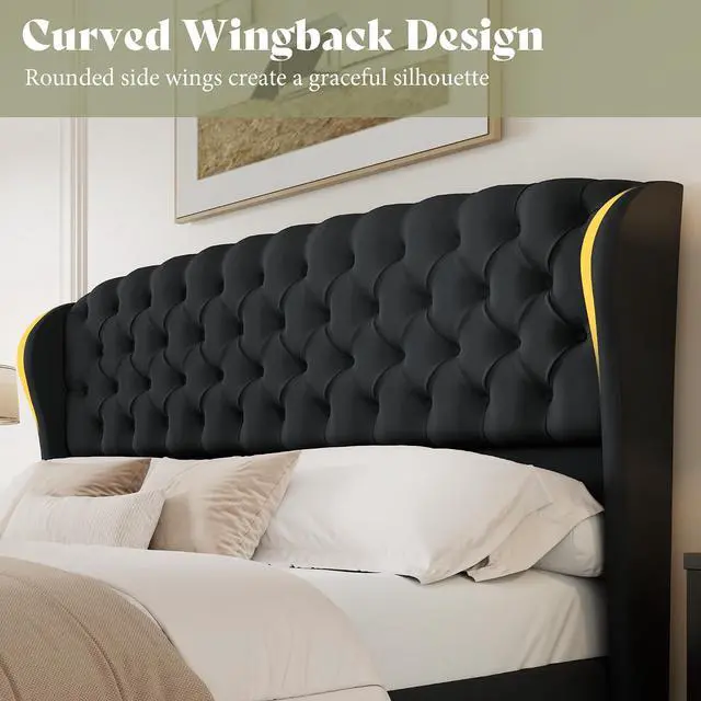 Alt view image 3 of 7 - King/Cal King Headboard Only, Velvet Upholstered Wingback, Black | velvet upholstery, deep button tufted, curved wingback design, King/Cal King compatible, easy assembly, contemporary bedroom