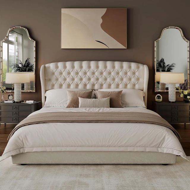 Alt view image 7 of 7 - King/Cal King Headboard Only, Velvet Upholstered Wingback, Cream | velvet upholstery, deep button tufted, curved wingback design, King/Cal King compatible, easy assembly, contemporary bedroom