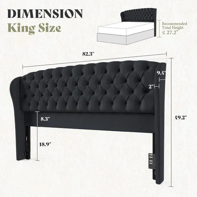 Alt view image 2 of 7 - King/Cal King Headboard Only, Velvet Upholstered Wingback, Black | velvet upholstery, deep button tufted, curved wingback design, King/Cal King compatible, easy assembly, contemporary bedroom