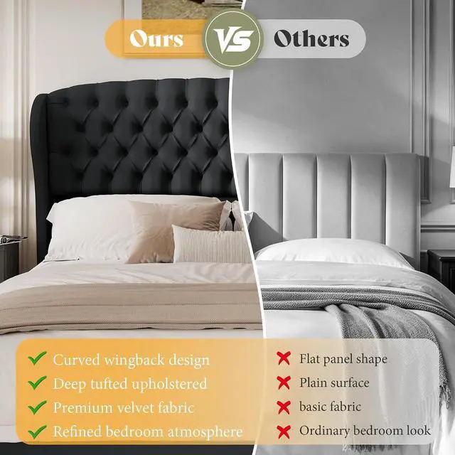 Alt view image 6 of 7 - King/Cal King Headboard Only, Velvet Upholstered Wingback, Black | velvet upholstery, deep button tufted, curved wingback design, King/Cal King compatible, easy assembly, contemporary bedroom