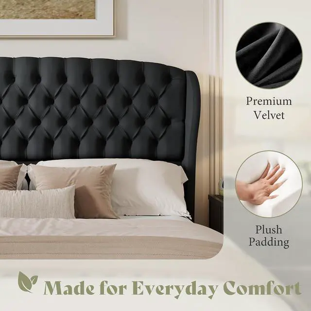 Alt view image 5 of 7 - King/Cal King Headboard Only, Velvet Upholstered Wingback, Black | velvet upholstery, deep button tufted, curved wingback design, King/Cal King compatible, easy assembly, contemporary bedroom
