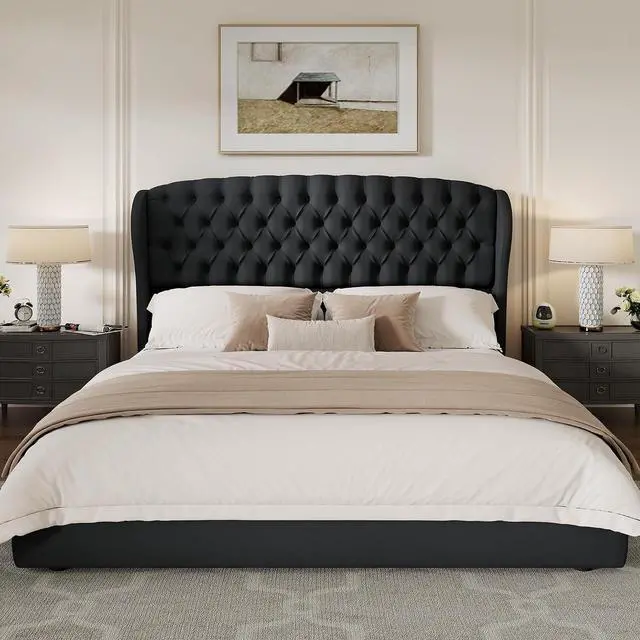 Alt view image 7 of 7 - King/Cal King Headboard Only, Velvet Upholstered Wingback, Black | velvet upholstery, deep button tufted, curved wingback design, King/Cal King compatible, easy assembly, contemporary bedroom
