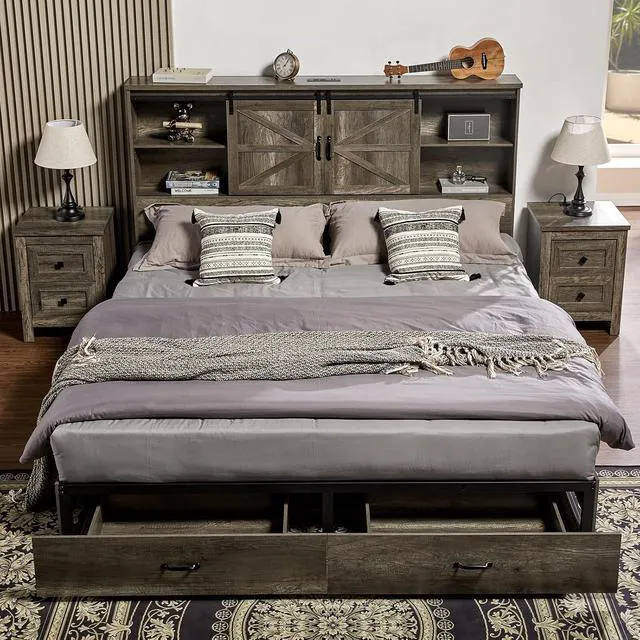 Alt view image 3 of 6 - Queen Size Bed Frame, Wooden Platform Storage Bed with 51.2" Bookcase Headboard, 2 Drawers, Charging Station/No Box Spring Needed/Noise Free(Rustic Grey)