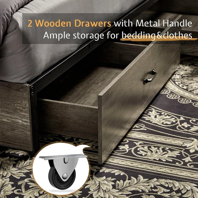 Alt view image 5 of 6 - Queen Size Bed Frame, Wooden Platform Storage Bed with 51.2" Bookcase Headboard, 2 Drawers, Charging Station/No Box Spring Needed/Noise Free(Rustic Grey)