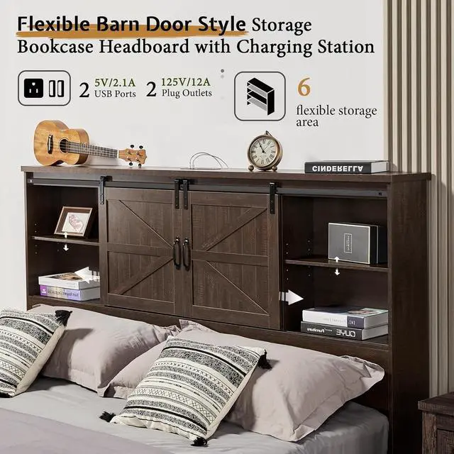 Alt view image 4 of 6 - Queen Size Bed Frame, Wooden Platform Storage Bed with 51.2" Bookcase Headboard, 2 Drawers, Charging Station/No Box Spring Needed/Noise Free(Brown)