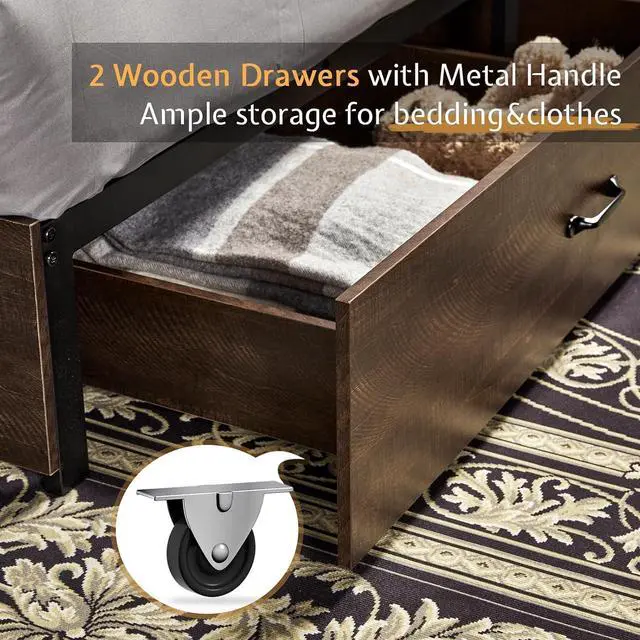Alt view image 5 of 6 - Queen Size Bed Frame, Wooden Platform Storage Bed with 51.2" Bookcase Headboard, 2 Drawers, Charging Station/No Box Spring Needed/Noise Free(Brown)