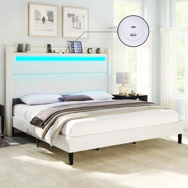 Main image of King Bed Frame with LED Lights & Wingback Headboard, Upholstered Platform Bed with USB & USB-C Ports, No Box Spring Needed/Noise Free/White