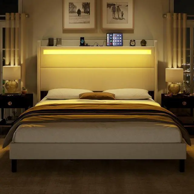 Alt view image 3 of 7 - King Bed Frame with LED Lights & Wingback Headboard, Upholstered Platform Bed with USB & USB-C Ports, No Box Spring Needed/Noise Free/White