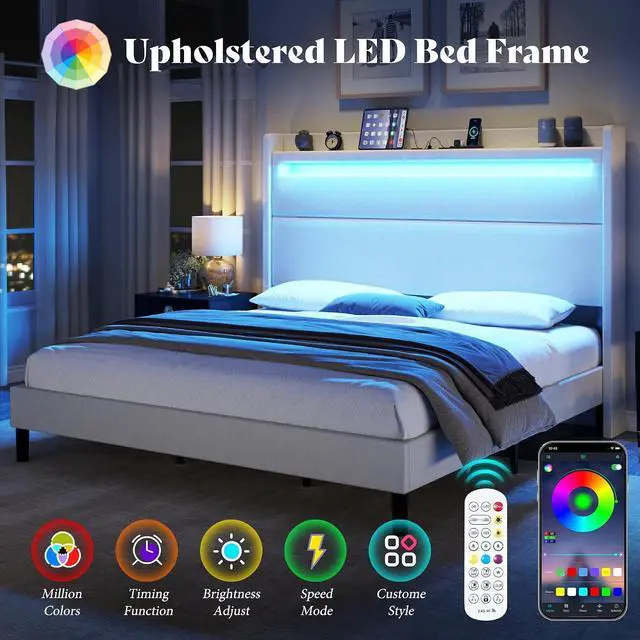 Alt view image 4 of 7 - King Bed Frame with LED Lights & Wingback Headboard, Upholstered Platform Bed with USB & USB-C Ports, No Box Spring Needed/Noise Free/White