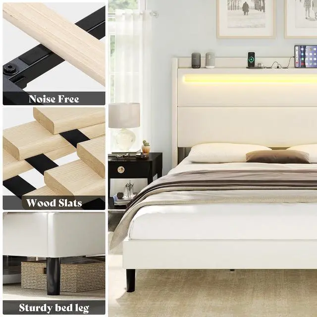 Alt view image 6 of 7 - King Bed Frame with LED Lights & Wingback Headboard, Upholstered Platform Bed with USB & USB-C Ports, No Box Spring Needed/Noise Free/White