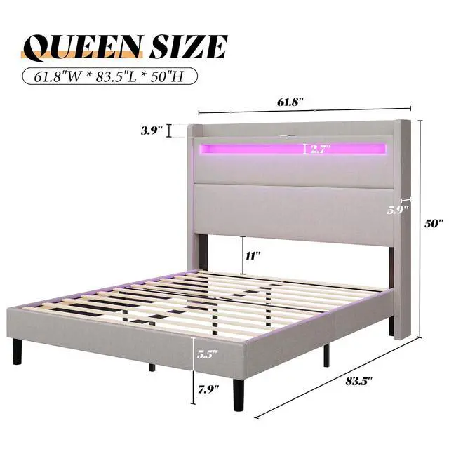 Alt view image 2 of 7 - Queen Bed Frame with LED Light & Wingback Headboard, Upholstered Platform Bed with USB & USB-C Ports, No Box Spring Needed/Noise Free/Light Grey