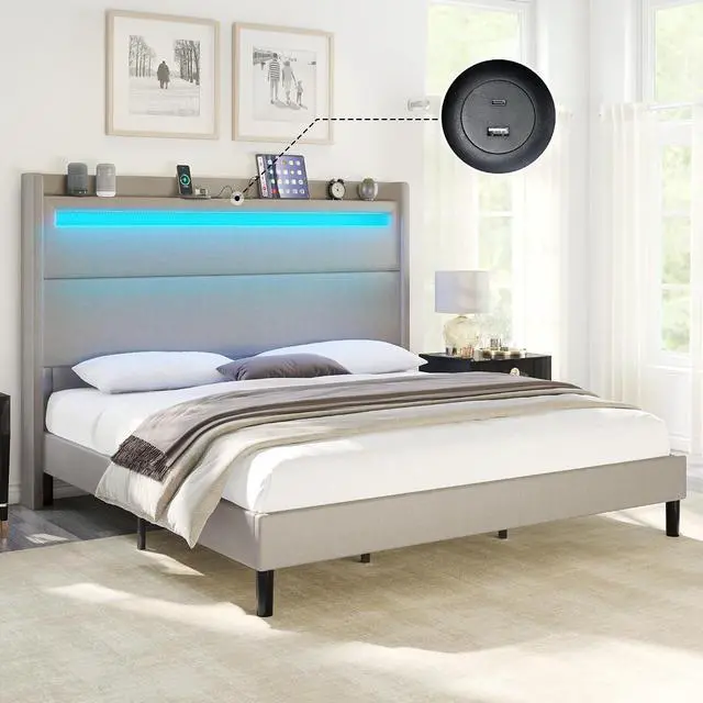 Main image of Queen Bed Frame with LED Light & Wingback Headboard, Upholstered Platform Bed with USB & USB-C Ports, No Box Spring Needed/Noise Free/Light Grey