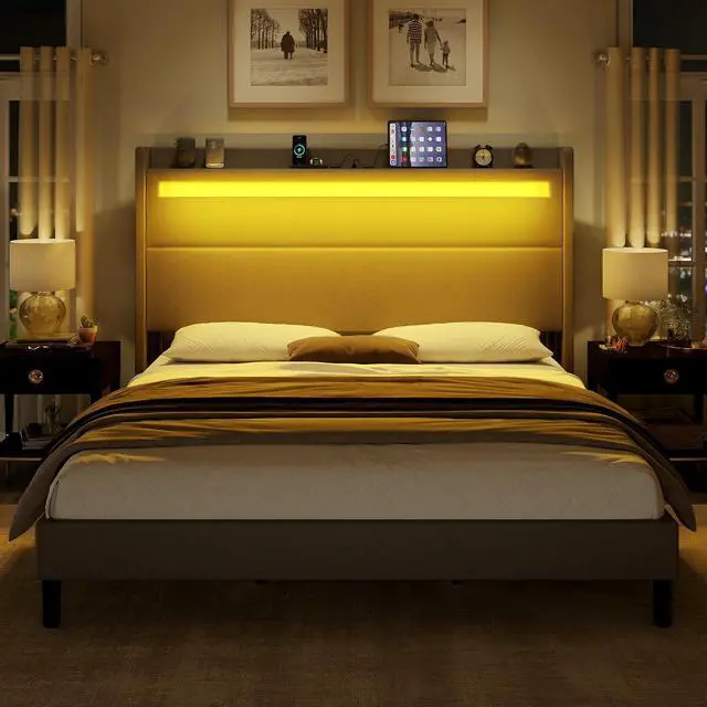 Alt view image 3 of 7 - Queen Bed Frame with LED Light & Wingback Headboard, Upholstered Platform Bed with USB & USB-C Ports, No Box Spring Needed/Noise Free/Light Grey